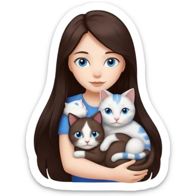 a girl with long dark 
brown hair, with blue eyes, hugs 3 different natural coloured cats sticker