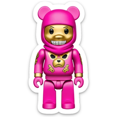 bearbrick toy figure wearing a bright pink balaclava with big pouty lips and gold grillz teeth visible, decorated with luxury brand logos and graffiti style patterns, striking a cool hip-hop pose with arms crossed confidently sticker