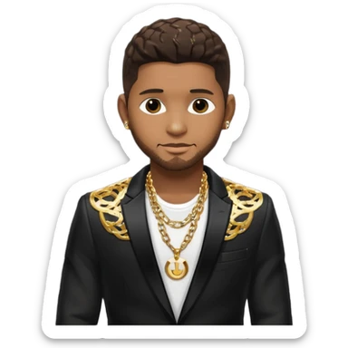 Usher with dark brown hair, black sequin suit jacket, shirtless with necklace sticker