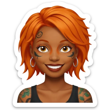 black woman with tattooed faces and orange hair sticker
