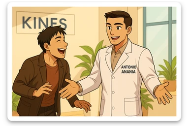  rappresenta un webtoon manga a colori con questo stile, in cui un uomo esclama una cosa entusiasta al kinesiologo con il camice bianco (fagli anche la scritta "ANTONIO ANANIA" SUL CAMICE), IL KINESIOLOGO lo aspetta a braccia aperte. l'espressione dell'uomo è felice e soddisfatta, non fare i fumetti però, fai solo in modo che sembri stiano parlando sticker