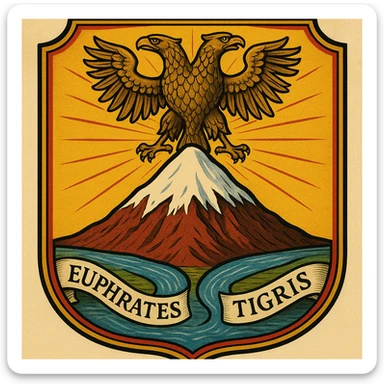 A detailed emblem featuring a snowy mountain placed on top of another mountain, with a majestic double-headed eagle (one head looking left), two rivers labeled Euphrates and Tigris flowing under the mountain, the sun shining in the background, and a dominant color scheme of yellow, red, and green. sticker