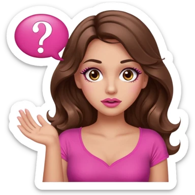 girl with long wavy brown hair, brown eyes, long lashes makeup, sexy pink lips, light to medium complexion, wearing a pink sexy top, shugging, question mark one speech bubble sticker