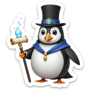 A penguin wizard with a top hat and a magic scroll sticker
