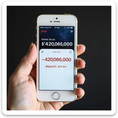 a iphone screenshot showing a SPACE bank balance of -$420,069,000, "deposit error" the numbers are shown in red, indicating a negative balance sticker