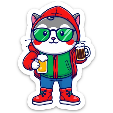 Catfish in a red winter jacket with hood, wearing round glasses, blue jeans, red boots, holding a beer can with a red label sticker