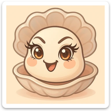 Create a version with even more expressive and luminous eyes, elegant eyelashes, and enhanced pastel, pearly, cream, peach, and greige shades. Keep the large shell, small oyster, pastel toon style, background, and mischievous expression as in the reference image. sticker