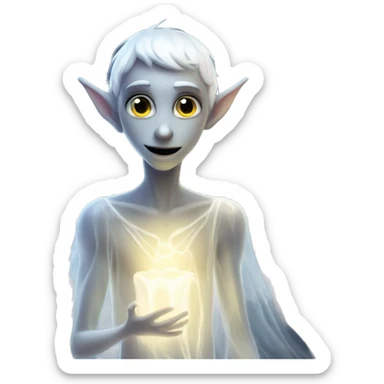 Elf male ghost fairy in a translucent dress, ephemeral wings, surrounded by glowing ghostly lights, Halloween theme, emoji sticker