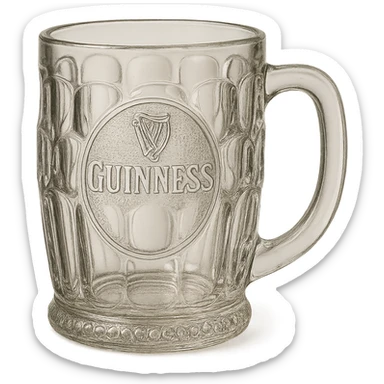 an empty vintage Guinness tankard, ornate glass, no beer inside sticker