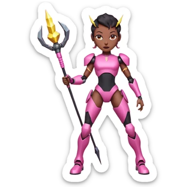 slim, powerful black female robot in a confident pose, with small ear pieces, holding a lightning whip by the handle, thighs and biceps pink with bold hexagonal texture, rest of body sleek black metal, 2D emoji style sticker