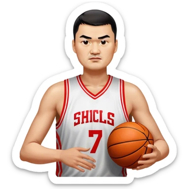 Yao Ming – Cinematic Realistic Portrait of Yao Ming, depicted as a towering basketball icon in a modern uniform, with a gentle yet determined expression and dynamic arena lighting that highlights his immense stature and graceful athleticism. sticker