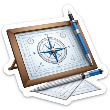 Create a sleek and modern icon for Architecture, featuring an engineer's drawing board with blueprints of a building, rulers, and architectural tools like a compass and protractor. The design is visually sophisticated, clean, and professional, without any emojis. The background's transparent. sticker