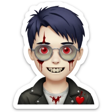 Zombie emo boy, chrome heart glasses and a scary smile, scars and blood under eyes sticker