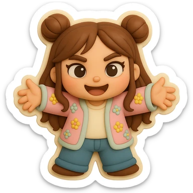 3D chibi fondant cake art style, high-quality rendering with smooth shadows and soft gradients. Girl based on reference image with preserved facial features and eye shape, long brown hair in two space buns, brown eyes, jeans, pastel floral cardigan, thick white outline like a sticker. Reaching out both arms for a joyful hug. Transparent background. Ensure the face, hairstyle, and eye shape match the reference exactly. sticker