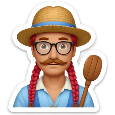 venice gondolier with long red braided hair, iconic hat, normal glassess and mustache sticker