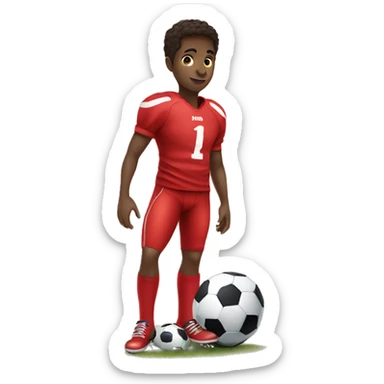 A kid in a red football shirt with his foot on a football sticker