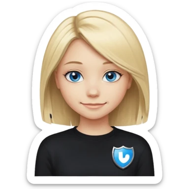 a new character a girl with shoulder length blonde hair wearing black clothes and wearing a cheeky smile she has blue eyes her black sweater has an emo style badge sticker