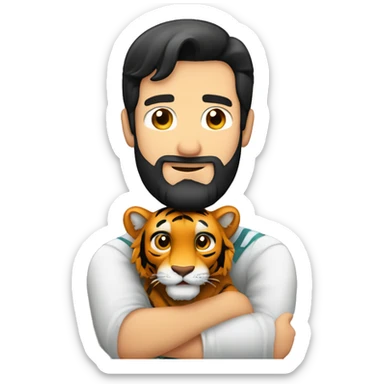 a caucasian guy with black hair and beard hugging with a tiger sticker