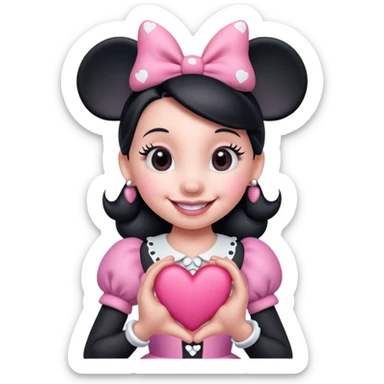 Pink Minnie Mouse, smiling, holding a pink heart sticker