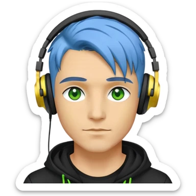 Blue-dyed hair, yellow skin, headphones, green eyes, black clothing, male, man, guy, apparels, jewelry, aesthetic, fashionista sticker