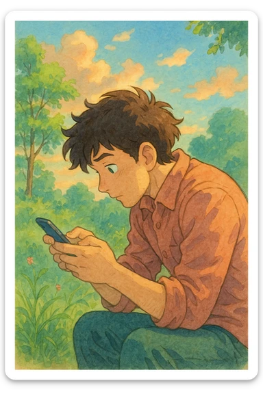a man hunched over his cell phone, ghibli style sticker