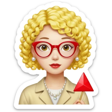 modern Chinese girl emoji, short curly bright yellow hair, pearl hairpin, trendy red triangle glasses, graphic designer, loves colors sticker