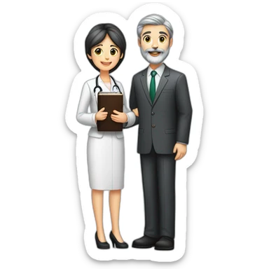 husband classy caucasian dark gray hair trimmed beard wearing business suit holding bible, with wife asian age 55 dark hair nurse uniform, no children sticker