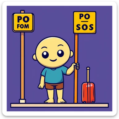 humanoid wooden club with big cartoon eyes and wide smile, barefoot, standing at a dark street bus stop under a dim streetlight, holding a bat, background sign 'Pentung Pos Ronda' sticker