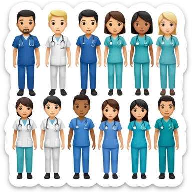 no blond people, more asians, group of 10 nurses, occupational therapists, physiotherapists (male and female, different races, different clothes) sticker