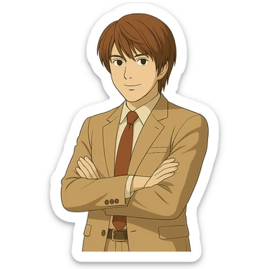 Create an exact Light Yagami in Ghibli style, standing with his arms crossed and a subtle smile, wearing the same suit, with the same confident expression. Match the face, hair, and suit details exactly to the reference image. Transparent background. sticker