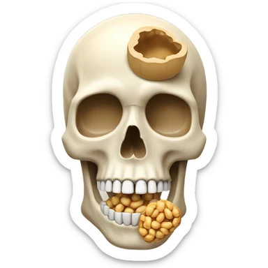 Human skeleton with his brain replaced with a peanut sticker