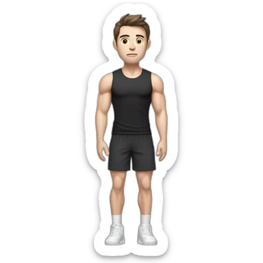 Confused Pale skinned Fit Man With the biceps and dark brown hair in black shirt, gray sports shorts and white Sneakers sticker