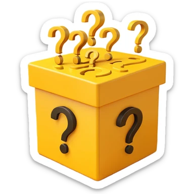  box printed with q&a over stuffed with yellow question marks sticker