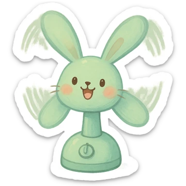 cheerful bunny electric fan, ears as spinning blades, pastel green, full-body sticker