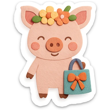 piglet with flower crown and gift bag, paper-craft style sticker