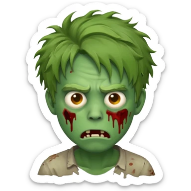 tired male zombie emoji, green skin, messy hair in the middle, expressive tired face sticker