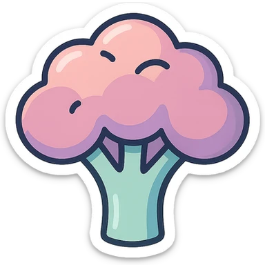 broccoli, volumetric 2D image, icon-color-outlined style, thin clean contours, soft rounded shapes, pastel palette #98B5BC, #B5B3C1, #C9A3C9, #E4C0CA, #F7DCD1, #F7C0AA, detailed shadows and highlights, soft lighting, transparent background, no decor sticker