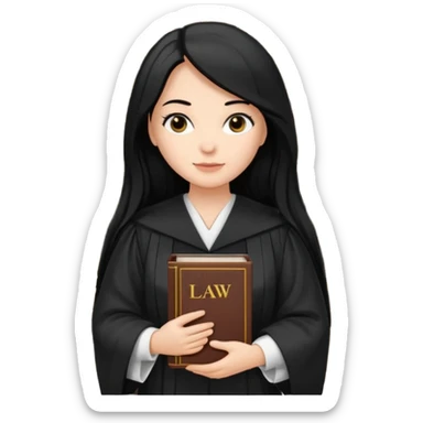 white-women-with-long-black -hair-lawyer-in-lawyer’s-robe. Have law book in hand with bookshelf full of law books in the background sticker