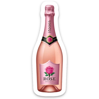 bottle of sparkling rosé with a rose logo on the label, angled to the left, no glass sticker