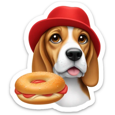 beagle eating a bagel while wearing a red hat sticker