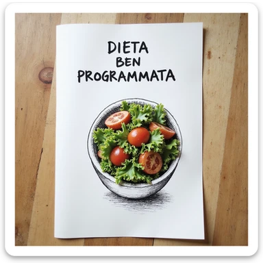 top view of a hyperrealistic 4K sheet of paper with a bowl of salad drawn on it and the text 'DIETA BEN PROGRAMMATA', variation 9, no background sticker