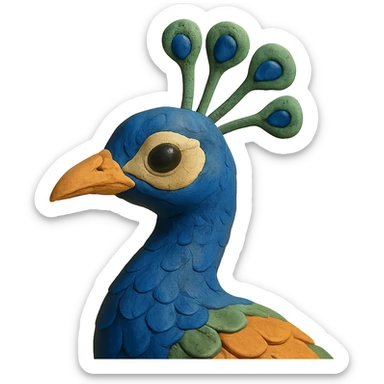 close-up of a peacock's head and neck, soft lighting, detailed feathers, claymation style sticker