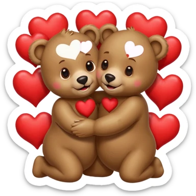 female bear with bow on her head and male bear hugging, couple, surrounded by hearts, playful and loving, cute, same height  sticker