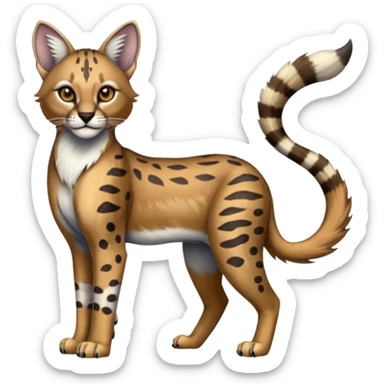Realistic patterned marked edgy greyish blackish whitish silvery coppery Shiny Colorful Glossy Genet-Caracal-Lion-Bobcat-fusion-animal-hybrid-creature, full body, tufted ears, long thin tufted tail sticker