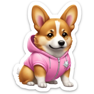 Corgie wearing a fuzzy pink tracksuit with diamonds sticker