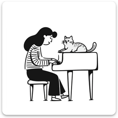 woman playing piano while her cat sits on top of the piano sticker