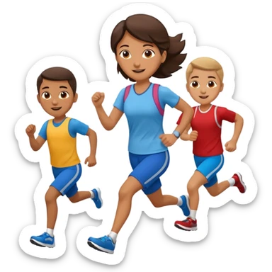 teacher running with kids and a computer sticker