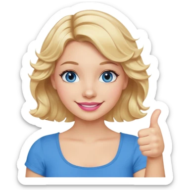 Girl Blonde short wavy hair,  blue eyes, cute blue top, long lashes, pink lips, smiling, thumbs up sticker