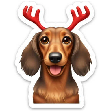 Mini long haired tan dachshund with antlers and red nose  sticker