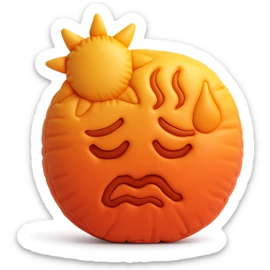 hot emoji with sun and heat waves, red and orange tones, soft plush cushion style sticker